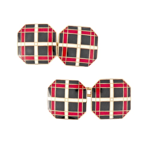 Pair of Art Deco red, black and white enamel and 18ct gold cufflinks, French c.1925, the canted square panels with a tartan style pattern,